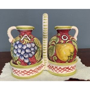 Fatto a Mano Firenze Italian Hand Painted Pottery Oil & Vinegar Cruet Set Signed